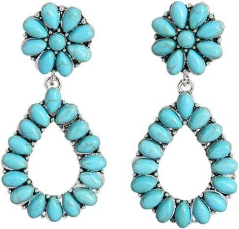 Bohemian Turquoise Oval Flower Drop Dangle Earrings Vintage Geometric Ethnic Teardrop Earrings Western Cowgirl Statement Jewelry in Saudi Arabia