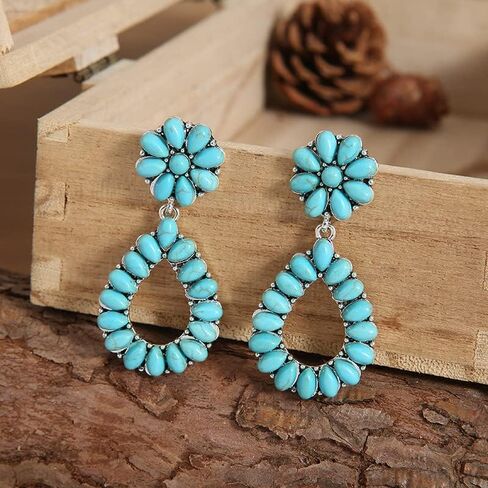 Bohemian Turquoise Oval Flower Drop Dangle Earrings Vintage Geometric Ethnic Teardrop Earrings Western Cowgirl Statement Jewelry in Saudi Arabia