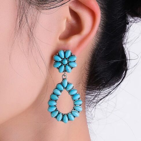 Bohemian Turquoise Oval Flower Drop Dangle Earrings Vintage Geometric Ethnic Teardrop Earrings Western Cowgirl Statement Jewelry in Saudi Arabia