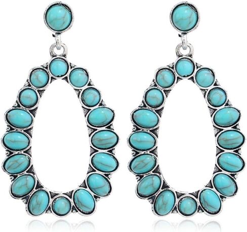 Bohemian Turquoise Oval Flower Drop Dangle Earrings Vintage Geometric Ethnic Teardrop Earrings Western Cowgirl Statement Jewelry in Saudi Arabia