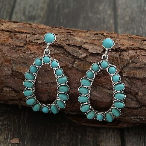 Bohemian Turquoise Oval Flower Drop Dangle Earrings Vintage Geometric Ethnic Teardrop Earrings Western Cowgirl Statement Jewelry in Saudi Arabia