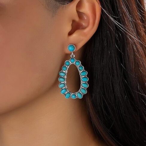 Bohemian Turquoise Oval Flower Drop Dangle Earrings Vintage Geometric Ethnic Teardrop Earrings Western Cowgirl Statement Jewelry in Saudi Arabia