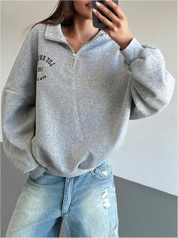 Verdusa Women's Oversized Quarter Zip Pullover Fleece Loose Sweatshirt Letter Print Tops in Saudi Arabia