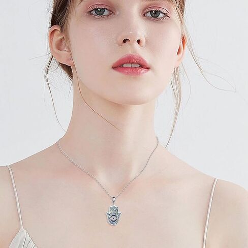 YFN Evil Eye Necklace Evil Eye Hamsa Hand of Fatima Necklace 925 Sterling Silver White Blue CZ Third Eye Necklace Hamsa Hand Jewelry Gifts for Women Men 20" in Kuwait