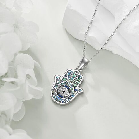 YFN Evil Eye Necklace Evil Eye Hamsa Hand of Fatima Necklace 925 Sterling Silver White Blue CZ Third Eye Necklace Hamsa Hand Jewelry Gifts for Women Men 20" in Kuwait