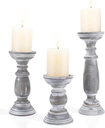 Rustic Wooden Pillar Candle Holders Set of 3, 12'' 9'' 6'' Farmhouse Wood Candle Stand for Table Centerpieces, Vintage Tall Candleholders Fireplace Mantel Decor for Living Room, Grey in Kuwait