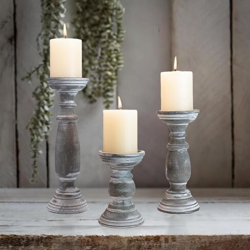 Rustic Wooden Pillar Candle Holders Set of 3, 12'' 9'' 6'' Farmhouse Wood Candle Stand for Table Centerpieces, Vintage Tall Candleholders Fireplace Mantel Decor for Living Room, Grey in Kuwait