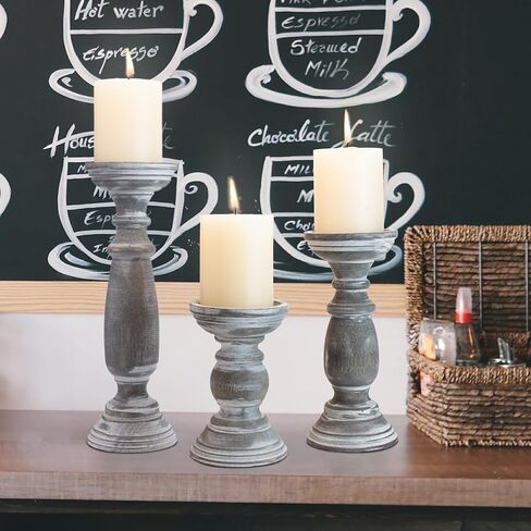 Rustic Wooden Pillar Candle Holders Set of 3, 12'' 9'' 6'' Farmhouse Wood Candle Stand for Table Centerpieces, Vintage Tall Candleholders Fireplace Mantel Decor for Living Room, Grey in Kuwait
