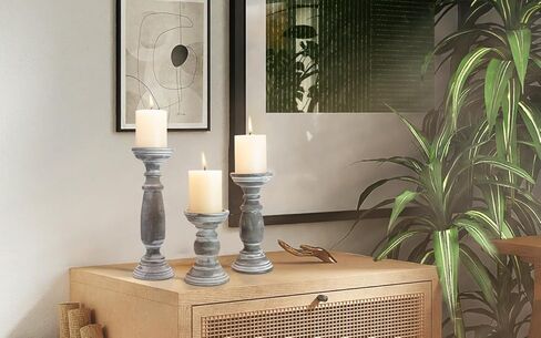 Rustic Wooden Pillar Candle Holders Set of 3, 12'' 9'' 6'' Farmhouse Wood Candle Stand for Table Centerpieces, Vintage Tall Candleholders Fireplace Mantel Decor for Living Room, Grey in Kuwait