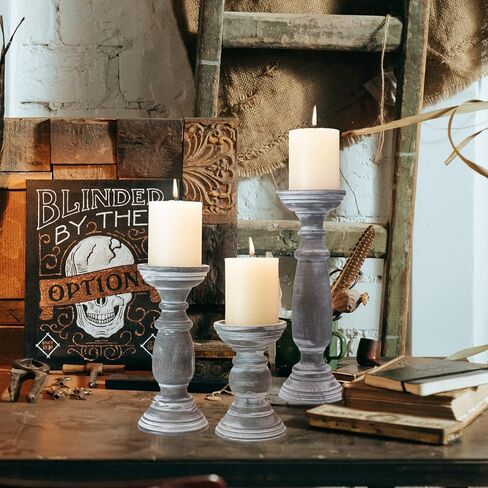 Rustic Wooden Pillar Candle Holders Set of 3, 12'' 9'' 6'' Farmhouse Wood Candle Stand for Table Centerpieces, Vintage Tall Candleholders Fireplace Mantel Decor for Living Room, Grey in Kuwait