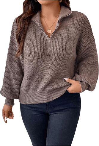 MakeMeChic Women's Plus Size Sweater Half Zip Long Sleeve Drop Shoulder Knitted Pullovers Top in Saudi Arabia