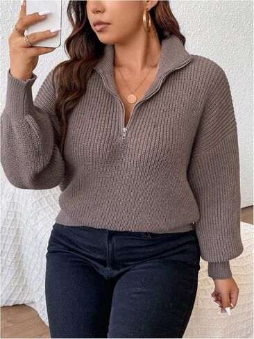 MakeMeChic Women's Plus Size Sweater Half Zip Long Sleeve Drop Shoulder Knitted Pullovers Top in Saudi Arabia
