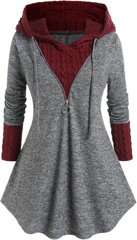 ROSE GAL Women Plus Size Hooded Drawstring Mixed Media Pullover Sweater Jumper Long Sleeves Cable Knit Top in Saudi Arabia