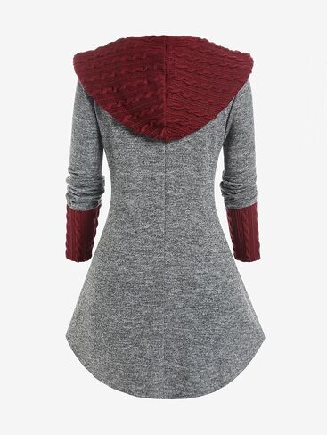 ROSE GAL Women Plus Size Hooded Drawstring Mixed Media Pullover Sweater Jumper Long Sleeves Cable Knit Top in Saudi Arabia