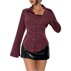OYOANGLE Women's Stripe Print Button Down Shirts Flare Long Sleeve Collared Blouse Trendy Work Shirt