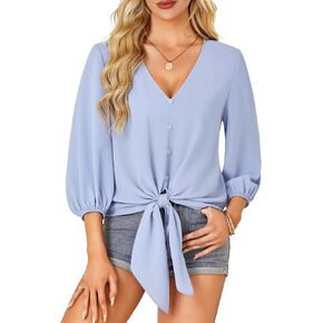 LYANER Women's Casual V Neck Tops 3/4 Sleeve Tie Knot Blouses Solid Button Down Summer Shirts