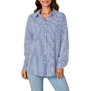 LYANER Women's Button Down Shirts Striped Classic Long Sleeve Collared V Neck Office Work Blouses Tops