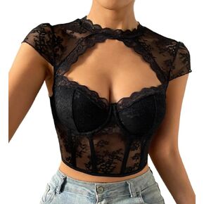 Women's Sexy Lace Crop Top Cutout V-Neck Cap Sleeves Sheer Slim Fit Bustier Shirt Blouse