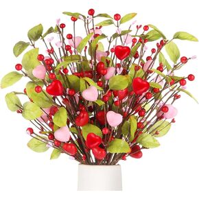 9 Pcs Valentines Day Decorations Valentines Day Flowers Artificial Red Pink Heart Shaped Berry Stems Valentine Picks Plant with Green Leaves and Long Stem for Vase,Wedding, Anniversar, Home Decor