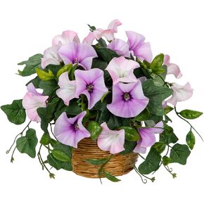 Briful Fake Floral Centerpieces for Tables Artificial Potted Morning Glory Silk Flowers with Woven Rattan Basket Faux Flower Arrangement for Home Office Room Shelf Kitchen Decor(Lavender Purple)