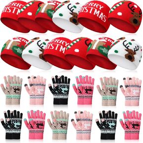 24 Pcs Christmas Winter Hats and Gloves Combo Pack Men Women Homeless Care Package Supplies Unisex Xmas Pattern Knitted Beanie and Gloves Bulk Charity Donation Gift