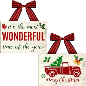Jetec 2 Pcs Christmas Sign Merry Christmas Decorations It's the Most Wonderful Time of the Year Hanging Sign Wooden Xmas Funny Wall Art Signs with Bows for Home Window Wall Indoor Outdoor 9.8 x 6.9 In