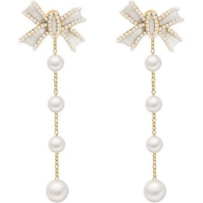 Long Bow Pearl Drop Earrings for Women, Gold Plated Pearl Dangle Earrings, Hypoallergenic Elegant Gold Pearl Tassel Earring, Birthday Gift