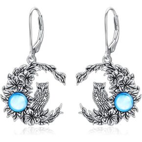 Vintage Moon Owl Dangle Earrings For Women Sterling Silver Owl Earrings With Flower Simulated Owl Jewelry Gifts For Owl Lovers