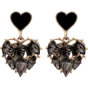 HETICA Double Heart Earrings for Women, Black Cubic Zirconia Heart Drop Earrings Love Heart Dangle Earrings Jewelry Gifts for Women