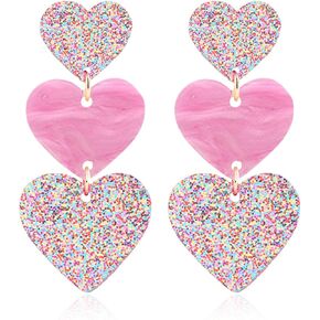 Hot Pink Heart Earrings for Women Lightweight Double Love Heart Drop Earrings Unique Pink Red Love Heart Statement Earrings Valentine's Day Mother's Day Birthday Gift