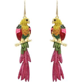 Parrot Earrings for Women, Cute Bird Parrot Tassel Earrings for Womens, Rainbow Parrot Branch Dangle Earrings Hypoallergenic, Sterling Silver, No Gemstone
