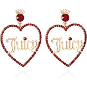Juicy Couture Goldtone and Red Glass Stone Heart Drop Logo Earrings