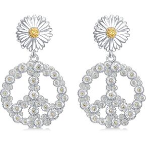 PROESS Daisy Dangle Earrings 925 Sterling Silver Peace Sign Earrings Daisy Flower Drop Earrings Peace Jewelry for Women