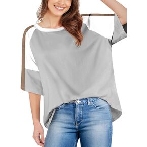 Dokotoo Womens Tops Color Block Crewneck Short Sleeve T Shirts Casual Oversized Summer Outfits