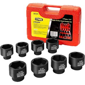 Stark USA Premium 3/4" inch Drive Large Jumbo Shallow Impact Socket Set SAE (2-1/16" - 2-1/2") Cr-Mo Steel 6-Point, 8-Piece Socket Set With Case