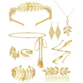 Xinnun 9 Pcs Greek Goddess Costume Accessories Toga Belt Leaves Crown Bracelet Headpiece Earrings Necklace for Women Bridal