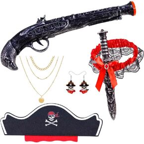 5 PCS Womens Pirate Costume Pirate Gun Pirate Sword with Lace Bow Pirate Hat Pirate Necklace Pirate Earrings Pirate Costume Women Pirate Accessories Women Pirate Costume Accessories (GREY)