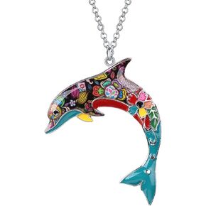 BONSNY Ocean Collection “BLUE" Statement Enamel Alloy Dolphin Necklace Pendant 18"