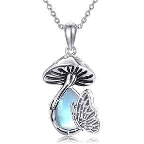 Mushroom Butterfly Necklace 925 Sterling Silver Moonstone Mushroom Butterfly Jewelry for Women