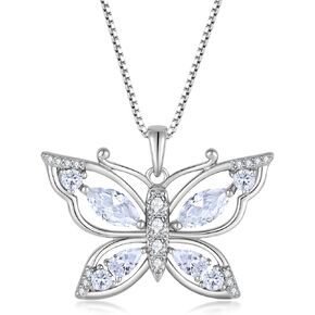 Women's Butterfly Birthstone Pendant Necklace 925 Sterling Silver 5A Cubic Zirconia Jewelry for Mother's Day Valentine Birthday Gifts for Her