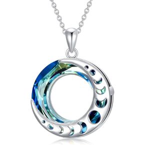 LONAGO Moon Phase Necklace 925 Sterling Silver Round Crystal Triple Goddess Glowing Moon Pendant Jewelry for Women
