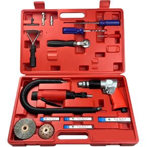 Tire Repair Set with Toolbox, Low Speed 2200rpm Air Tire Buffer and 3/8" Pneumatic Reversible Air Drill, 11 Pcs Tire Patch Tools include Buffing Wheel, Tire Reamer Drill Bit, Manual Tool Set