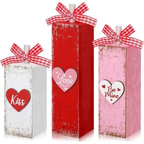 3 Pcs Valentine's Day Table Decor Valentines Tiered Tray Decor Wooden Heart Tabletop Block Sign Valentine Table Centerpieces for Wedding Anniversary Party Tray Home Decoration (Striped)