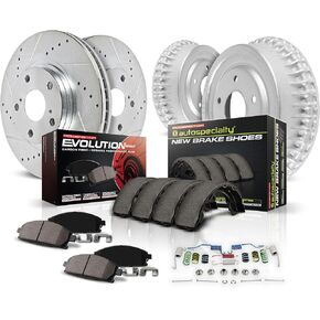 Power Stop K15197DK Front and Rear Z23 Carbon Fiber Brake Pads with Drilled & Slotted Brake Drums Kit For Toyota Corolla 2000-2002 [Model Specific]