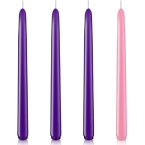 Advent Candle Set - 4 Pack of 10-Inch Taper Candles (3 Purple, 1 Pink) for Christmas Advent Wreath, Unscented, Dripless, and Smokeless