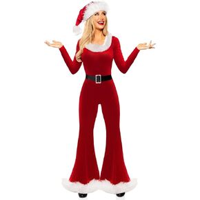 Owl's-Yard Women’s Mrs Santa Claus Costume Y2k Long Sleeve Flared Jumpsuit And Santa Hat Set Adult Cosplay Costumes