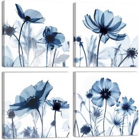 Set of 4 Blue Flower Modern Abstract Paintings Canvas Wall Art Gallery Wrapped Grace Floral Pictures on Canvas Prints Artwork for Living Room Bedroom Office Home Decorations 12x12 inch