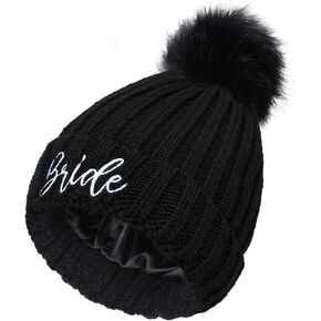 Bride Hat, Bride Hats for Bachelorette Party Womens Winter Warm Knitted Beanie Hats with Faux Fur Pom Pom Skull Cap