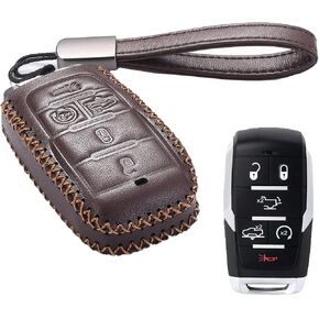 Key Fob Cover Compatible with RAM 2500, 3500, 4500, 5500 2019-2024, Leather Smart Key Fob Case (5-Button, Brown)