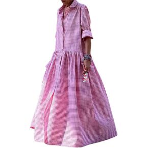 chouyatou Women's Retro Plaid Button Down Maxi Shirt Dress Long Sleeve Button Up Gingham Swing Long Dress